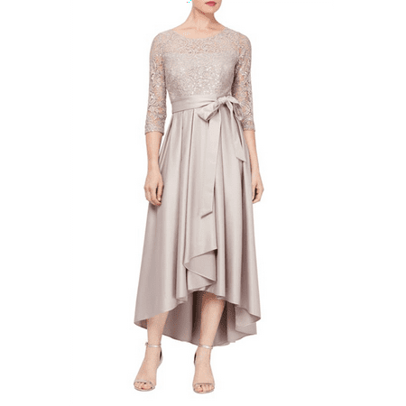 Alex Evenings Women's Sequin Lace High Low Gown Beige Size 4Petite