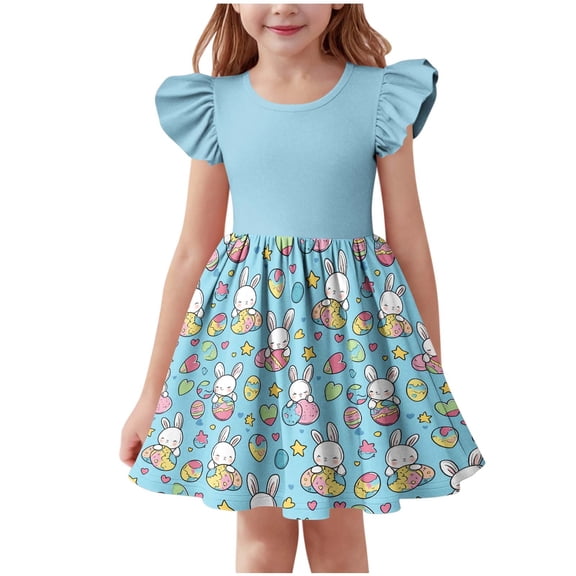 Girls Easter Dress Light Blue Bunny Print Ruffle Sleeve A-Line Casual Party Wear for Kids,Size 9-10 T