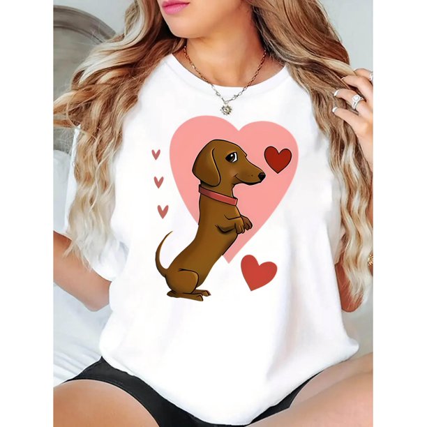 Creative Heart-Shaped Dog Pattern Printed Women'S Trendy Round Neck Short Sleeve, Simple Casual Sports T-Shirt, Comfortable Summer Top for Women During Holidays.