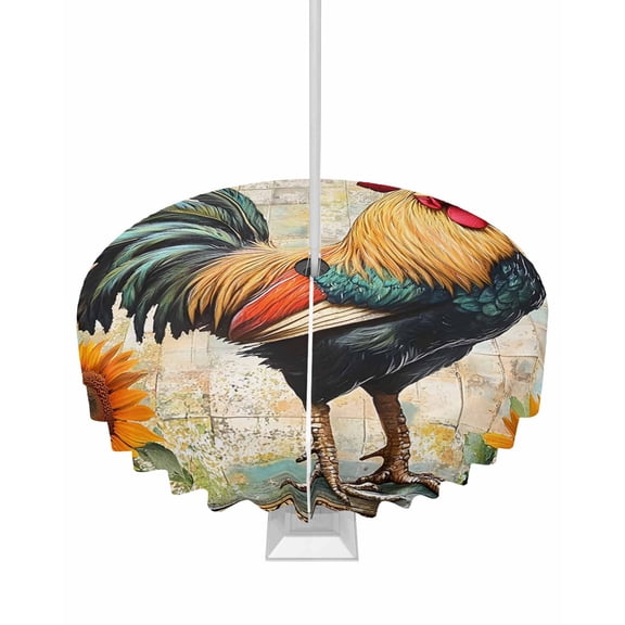 Fsddascl Vintage Rooster Outdoor Tablecloth - 60 Inch Round Dining Table Cover, Pastoral Sunflower Watercolor Animals Waterproof Outdoor Table Cloth with Umbrella Hole & Zipper for Picnic/Patio