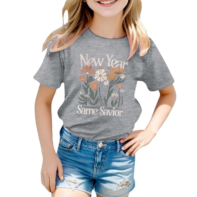 LUOGENLI T Shirt for Girls Shirts for Teen Kids Girls Child Short Sleeve Prints T Shirt Girls Tops Shirts for Girls Knee Length on Clearance Grey 3-4 Years