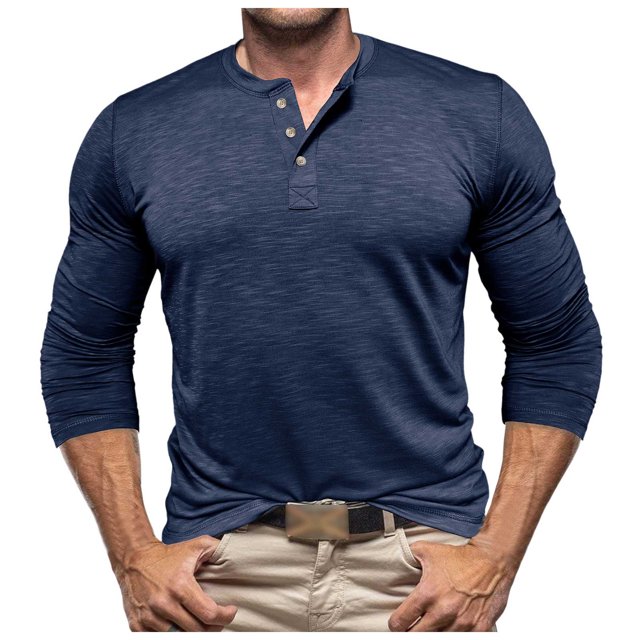 T-shirts pour Homme en Coton Slub Tube Ouvert Manches Longues Col Bleu Automne Taille TTG