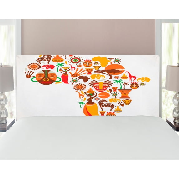 African Headboard, Map Different Famous and Savannah Style Art, Upholstered Decorative Metal Bed Headboard with Memory Foam, Full Size, Orange Brown, by Ambesonne