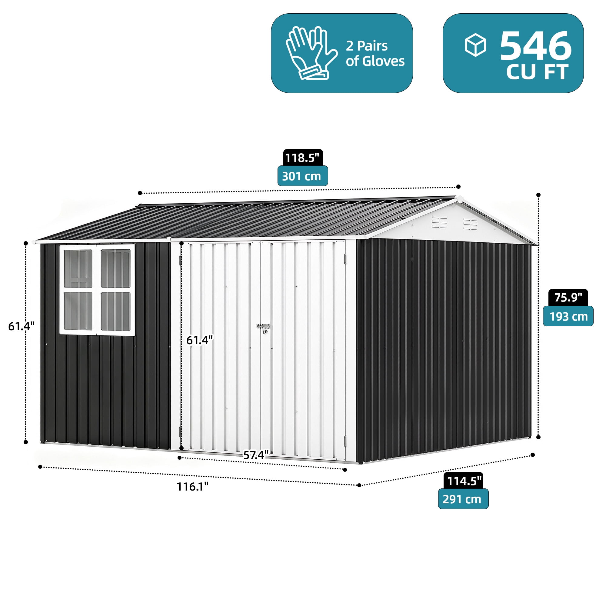 Uforic Metal Outdoor Storage Shed, 10x10ft Steel Tool Shed with Window, Lockable Door and Sloped Roof, for Backyard Patio Garage Lawn, Gray and White