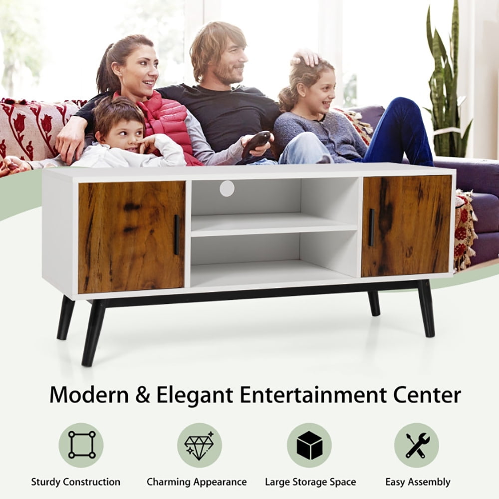 TV Stand, TV Cabinet, Mid-Century Wood TV Stand for 55 Inch with 2 Cabinets and Open Shelves, for Living Room, Bedroom, White & Rustic Brown & Black TV Stand, TV Cabinet, Mid-Century Wood TV Stand for 55 Inch with 2 Cabinets and Open Shelves, for Living Room, Bedroom, White & Rustic Brown & Black