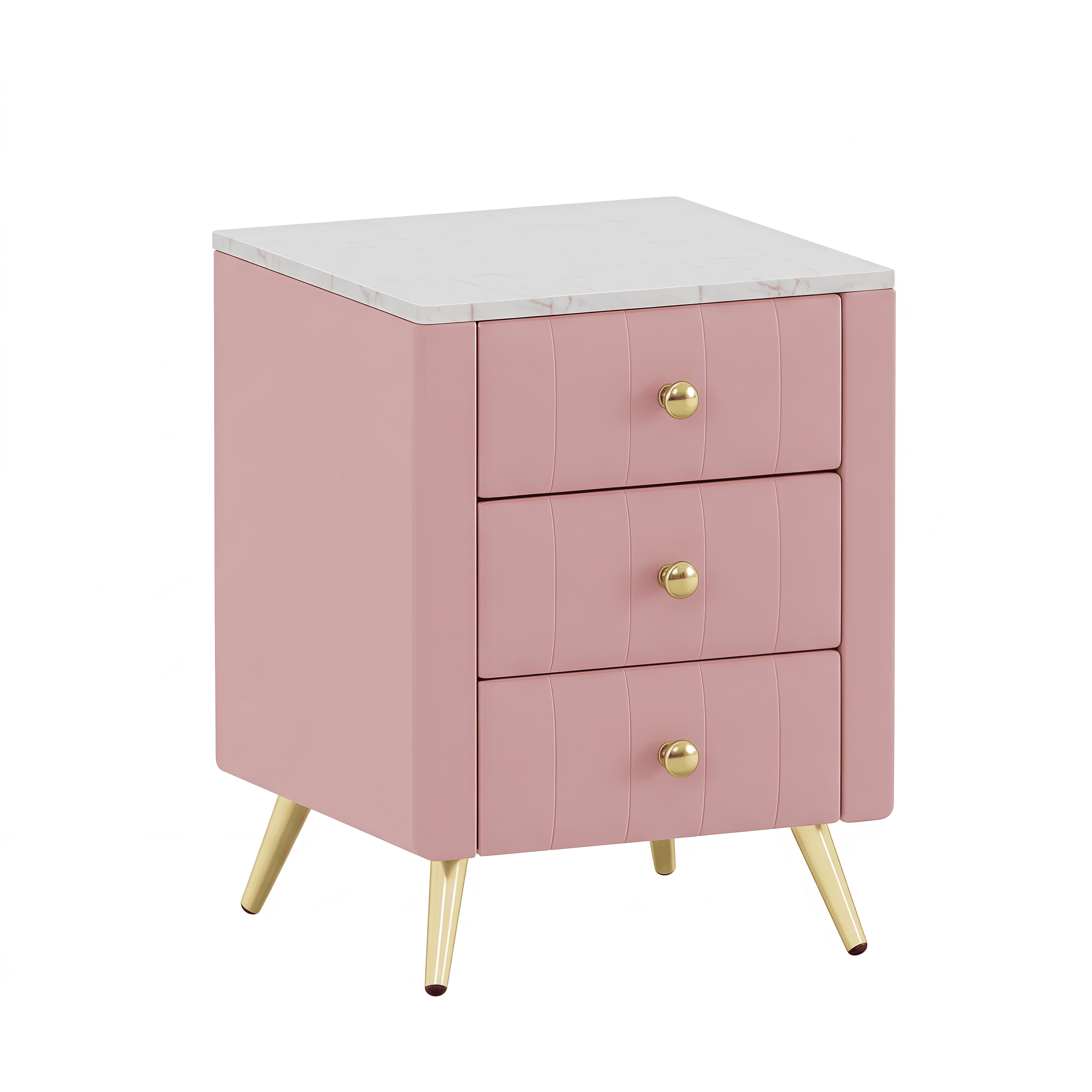 Euroco Upholstered Wooden Nightstand with 3 Drawers and Metal Legs&Handles,Modern Bedside Table with Marbling Stickers Worktop for Bedroom,Pink