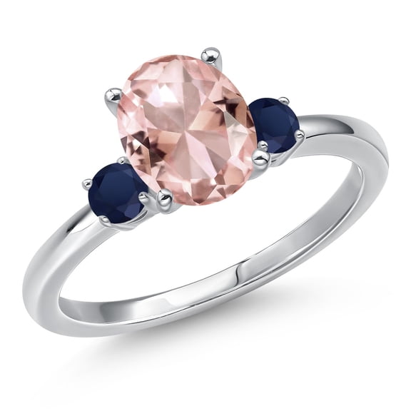 Gem Stone King 14K White Gold Peach Nano Morganite and Blue Sapphire Engagement Ring for Women | 2.30 Cttw | Oval 9X7MM | Gemstone October Birthstone | Size 6