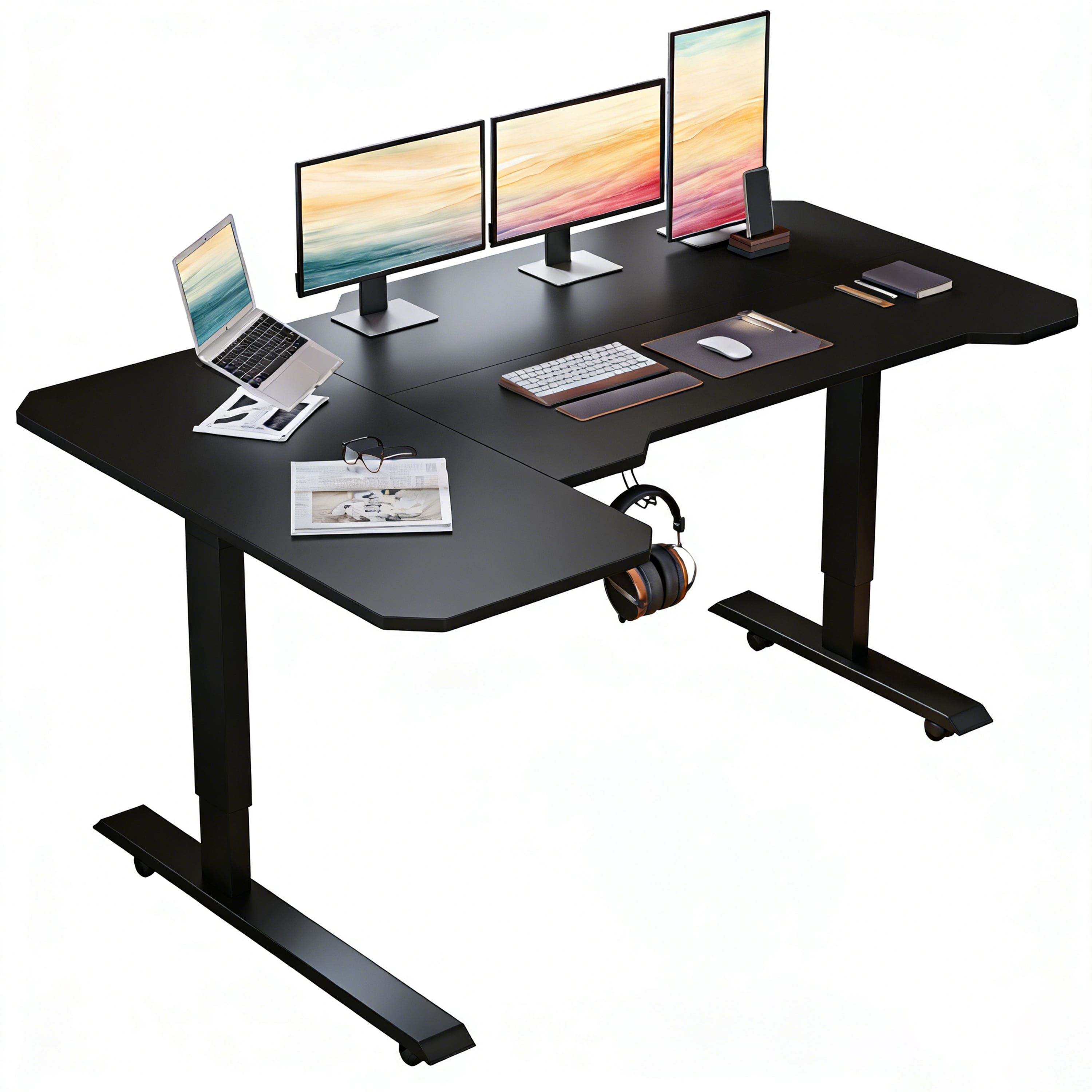 Electric L Shaped Standing Desk 59 Inch, Height Adjustable Corner Desk, Sit Stand L Computer Desk for Office with 4 Memory Presets, Under Desk Cable Basket, Side Hooks, Home Office Workstation, Black