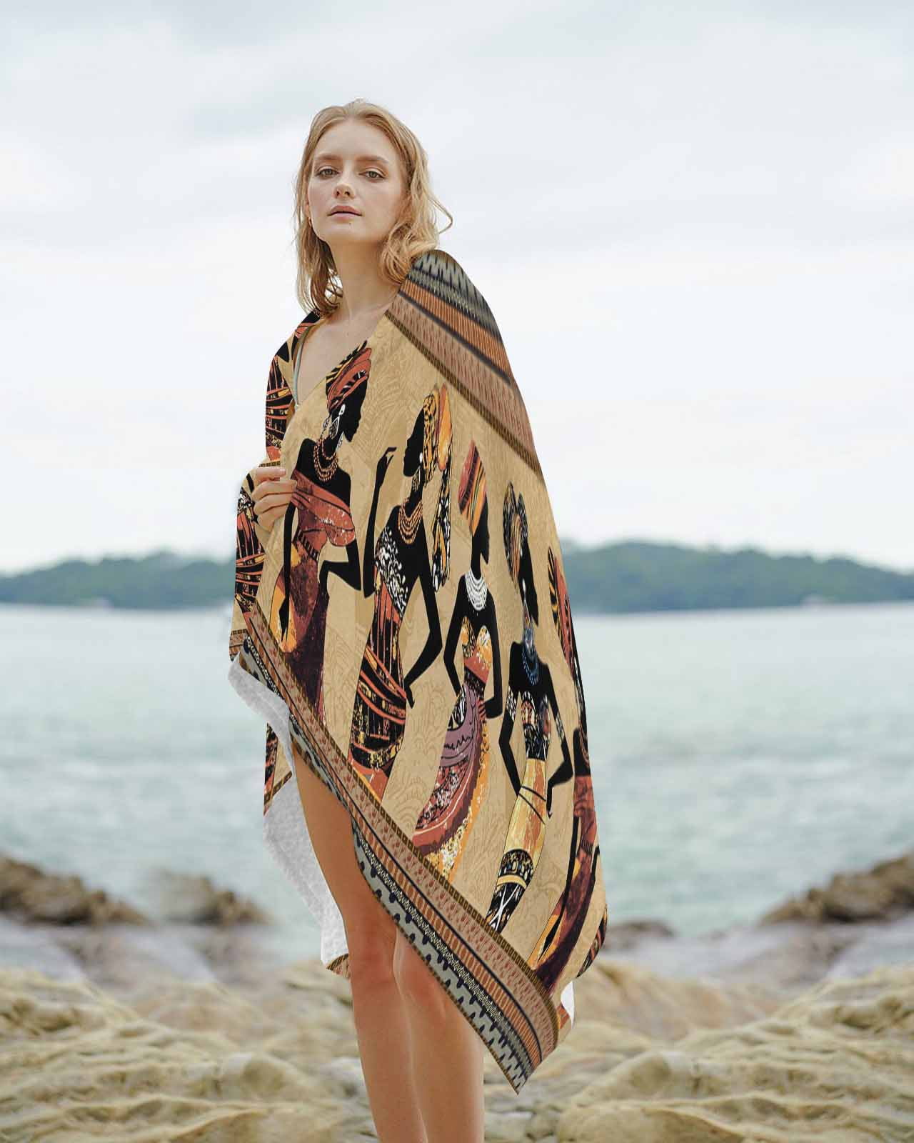 African Black Women Beach Towels Oversized Super Absorbent, Boho Ethnic Tribe Vintage Brown Lightweight Bath Towel Quick Dry Sets For Bathroom/Pool/Rv Camping/Beach Play/Gym Room/Picnic 30"x60"