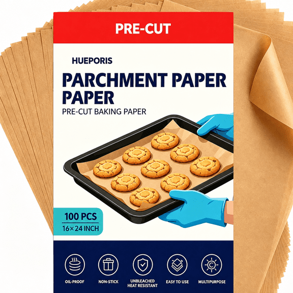 HUEPORIS 16x24 inch Unbleached Parchment Paper - 100 Precut Sheets, Non-Stick Baking & Air Fryer Liners, Large Baking Tray Size