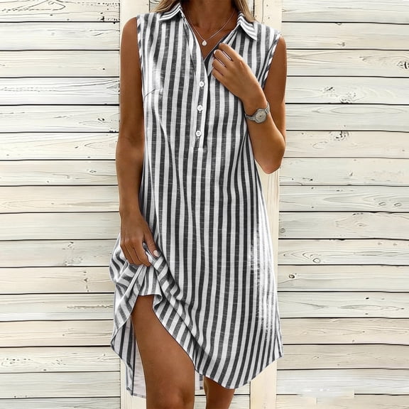 Odbmxy Summer Shirt Dresses for Women Casual Cotton Linen Sleeveless Holiday Striped Button Womens Dresses Mini Shift