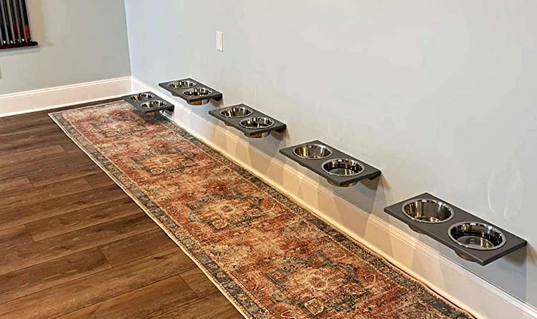 Chic, Floating, Wood, Height-Flexible Wall Mount Dog/Cat/Pet Food & Water Bowl Holder/Feeder with 3 S.S. Dishwasher-Safe Bowls (~ 2 Quart / 64 oz / 1890 ml) for Large Pets. 3-Screw Installation.