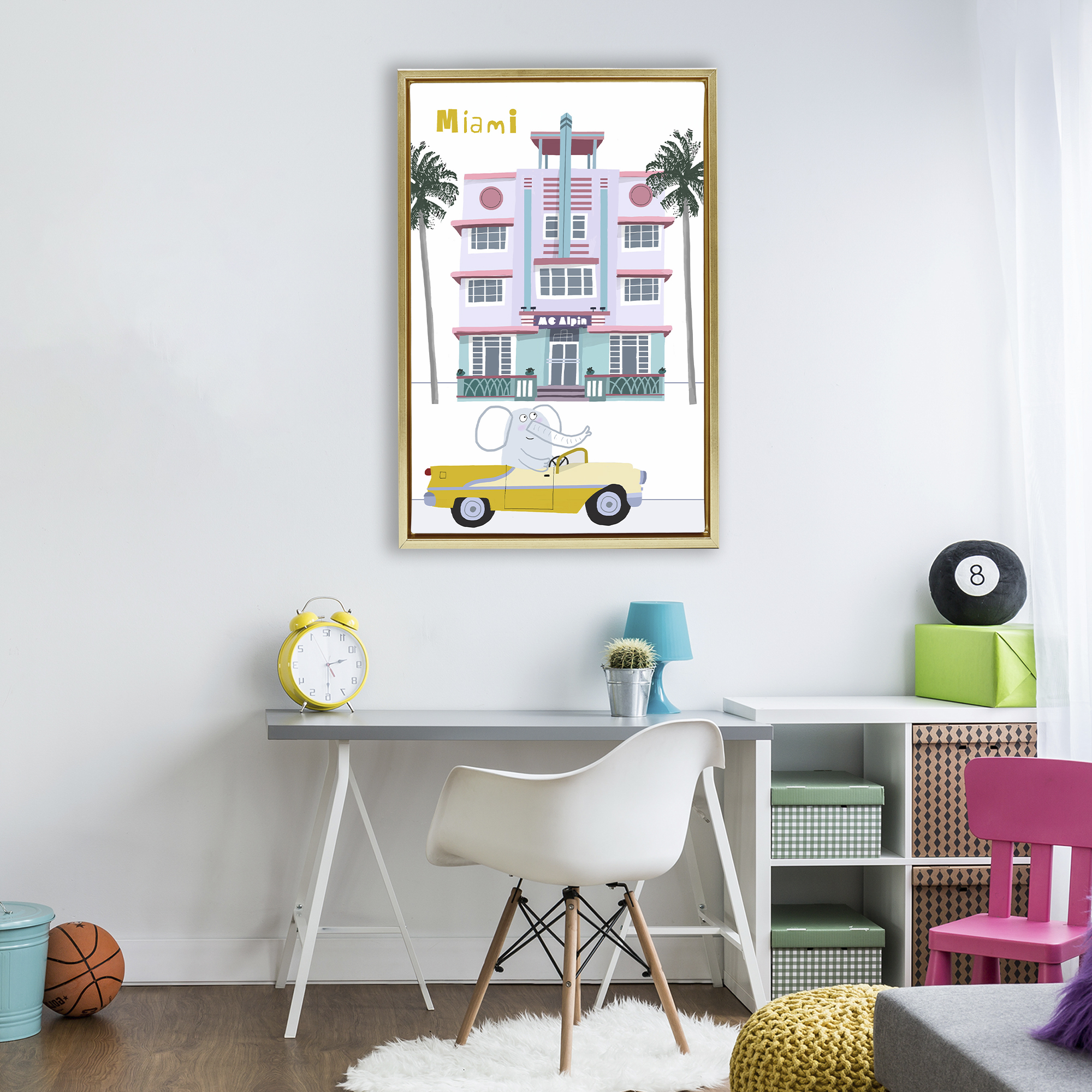 Elephant & Miami Hotel Gold Framed Floater Canvas Wall Art, design by Carla Daly