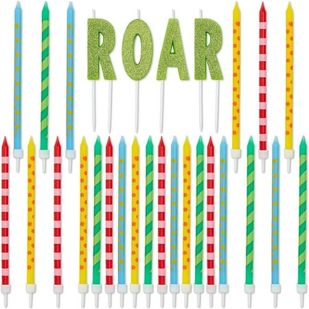 Roar Dinosaur Cake Topper and Thin Printed Candles (28 Pieces)