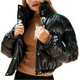 thumbnail image 3 of Noora Women's Black Leather Crop Bubble Coat Puffer Quilted Jacket With Zipper & Pocket | Zip Up Leather Jacket JS35, 3 of 9