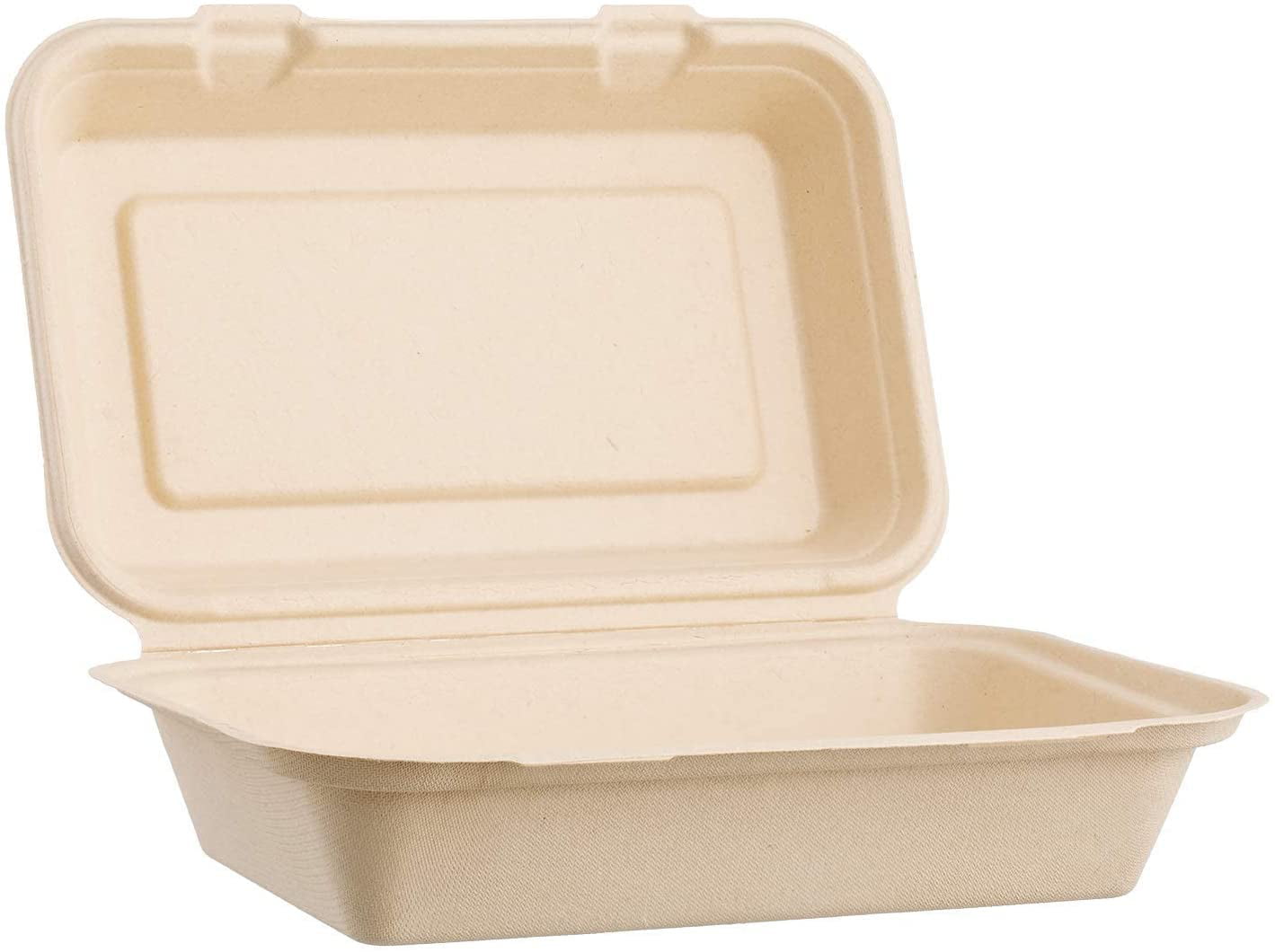 50 COUNT Made from Eco-Friendly Plant Fibers Sugarfiber 9 X 6 White Compostable Square Hinged Container Single Compartment Clamshell Takeout Box 