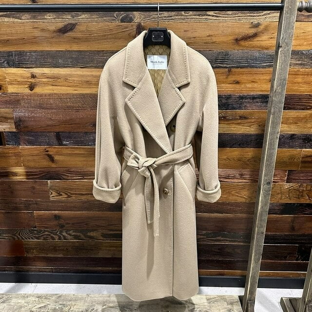 QueenLine Wool Long Loose Double breasted 100% Wool Camel Black, Belt Classic Commuter Coat