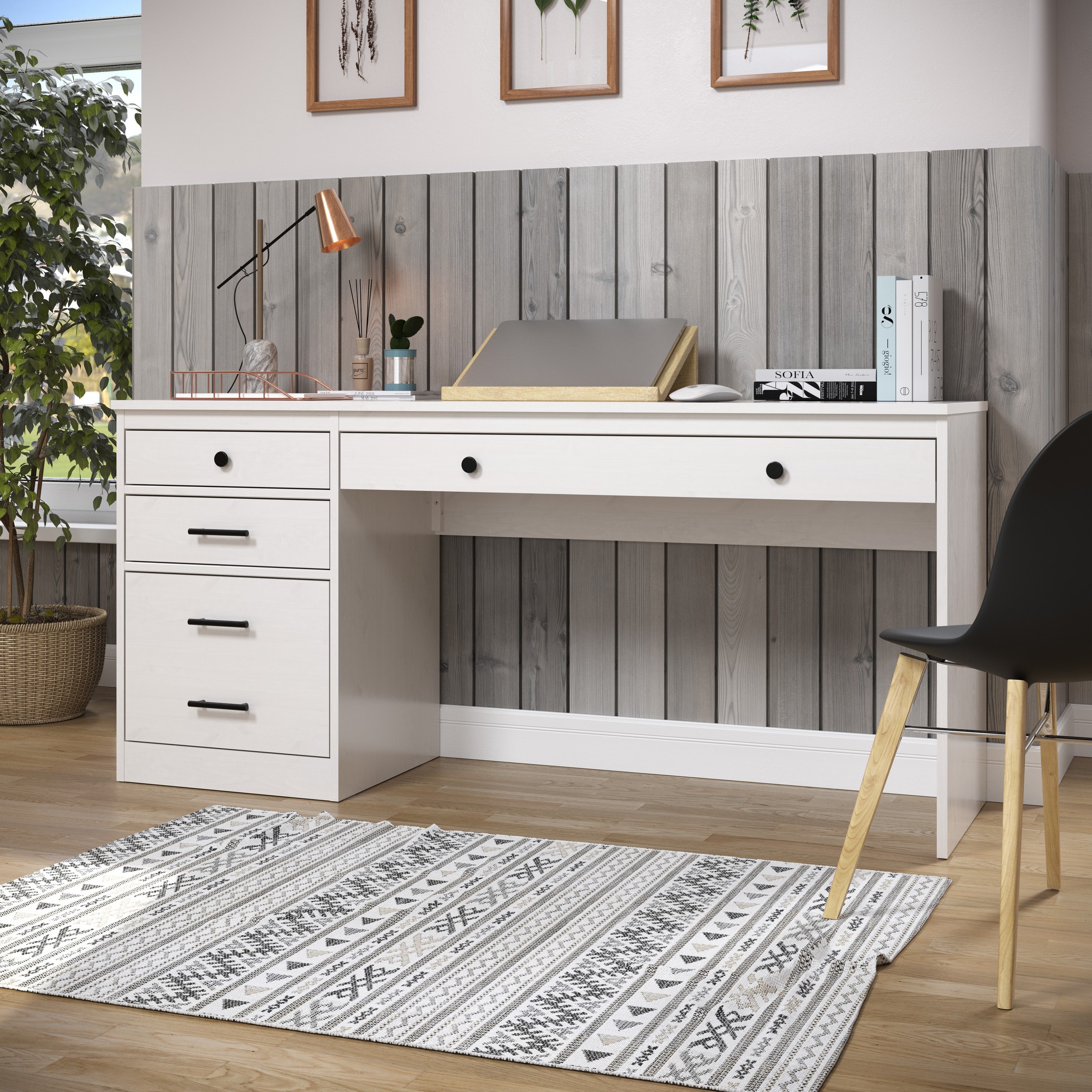 Linon Vaughan Computer Desk with File Cabinet and 3 Drawers, 65" Wide, Whitewash Finish