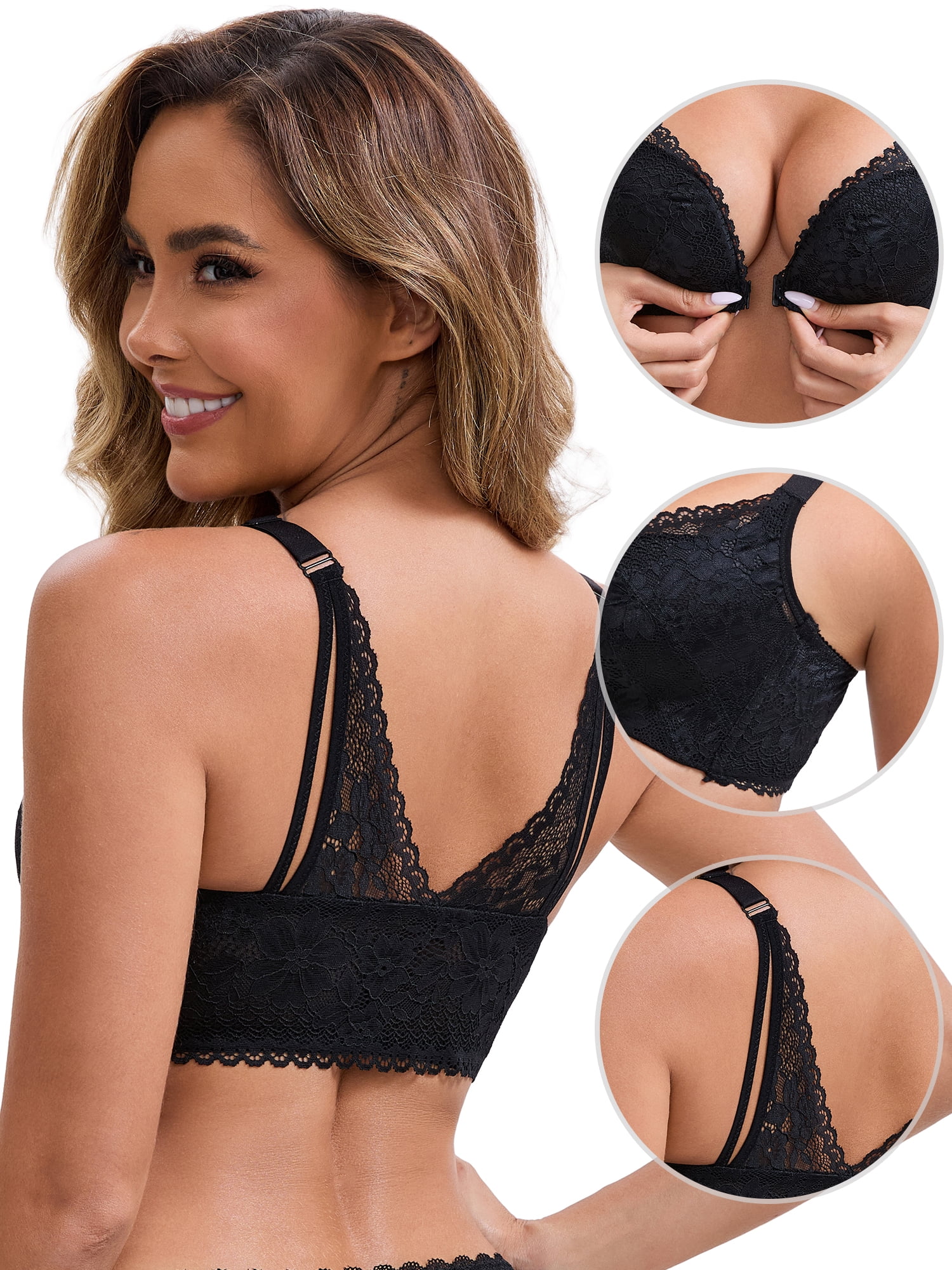 DARING DIVA Lace Front Closure Deep V-Neck Wirefree Bra 36B Black