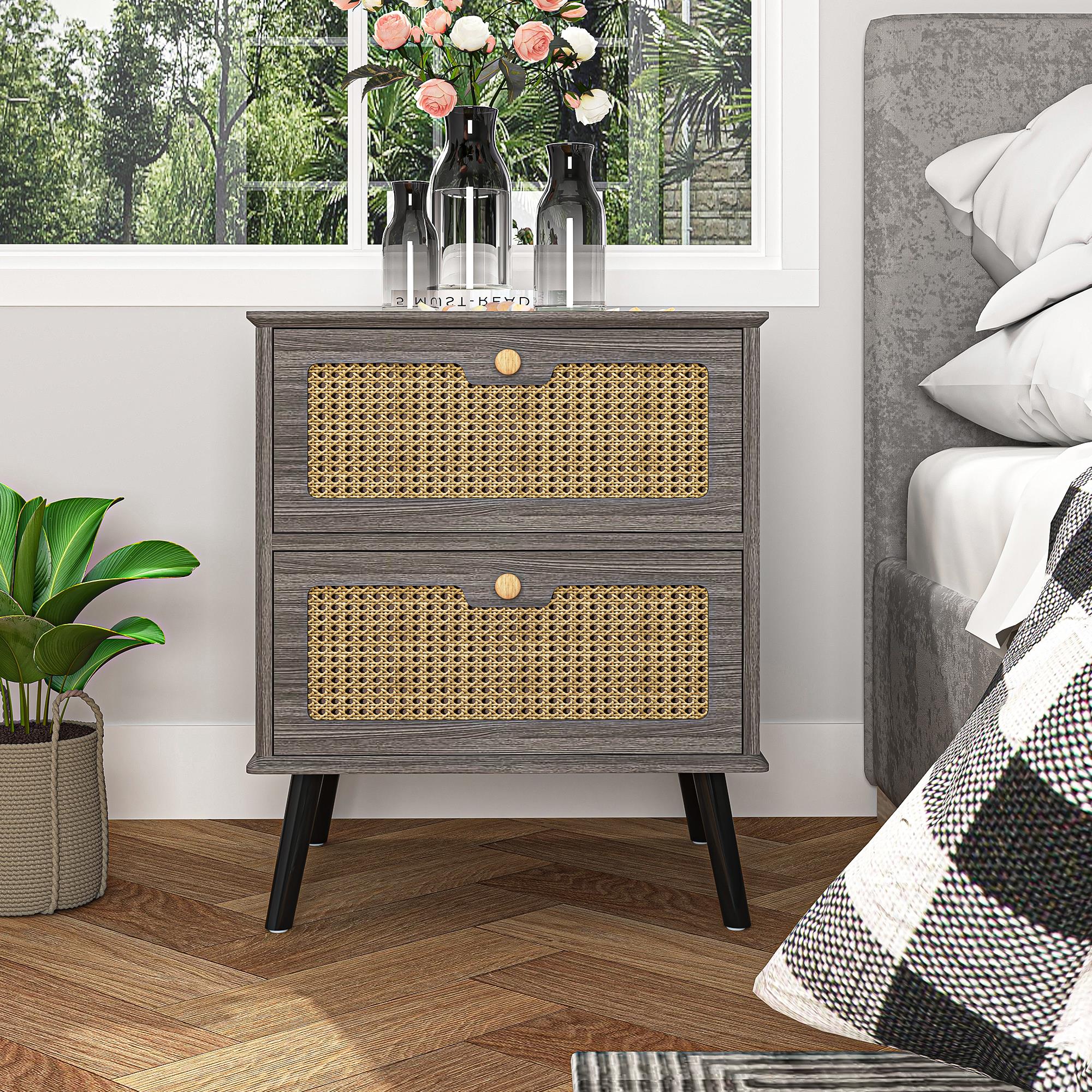 Finihen Nightstand, End Table, Side Table with 2 Hand Made Rattan Decorated Drawers, Wood Accent Table with Storage for Bedroom, Gray Finihen Nightstand, End Table, Side Table with 2 Hand Made Rattan Decorated Drawers, Wood Accent Table with Storage for Bedroom, Gray