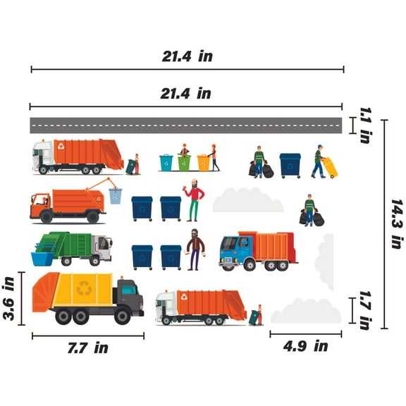 THE CITY - Vinyl Home Removable City Trash Trucks Decoration Design Adhesive Wall Decal Sheet - Multicolored Kids Bedroom DIY Stick & Peel Build A Trash Collection Scene Wall Stickers 21.4" x 14.3"