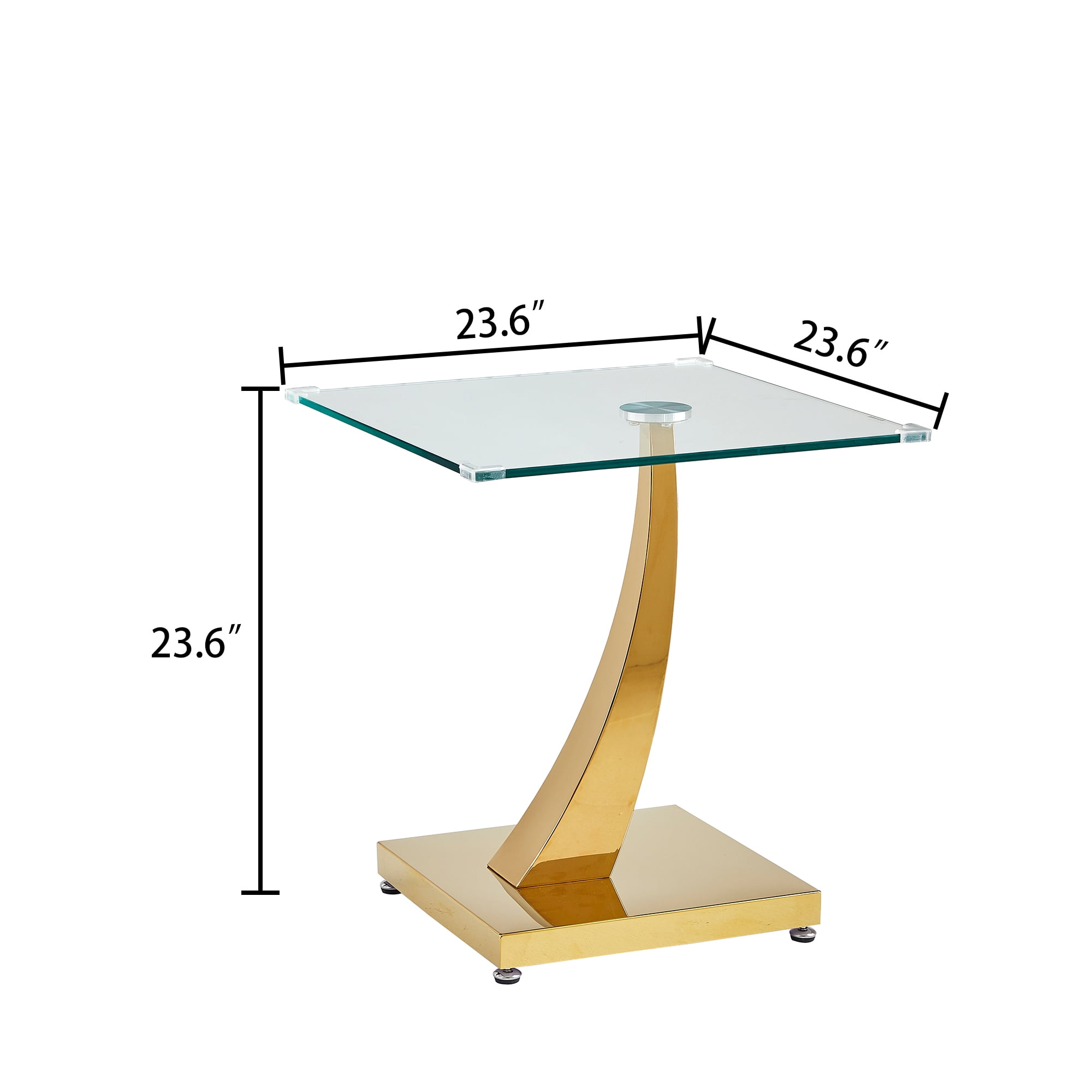 23.6" Modern Glass End Table, Square Sofa Side Coffee Table with Mirrored Stainless Steel Base for Living Room, Home Office.