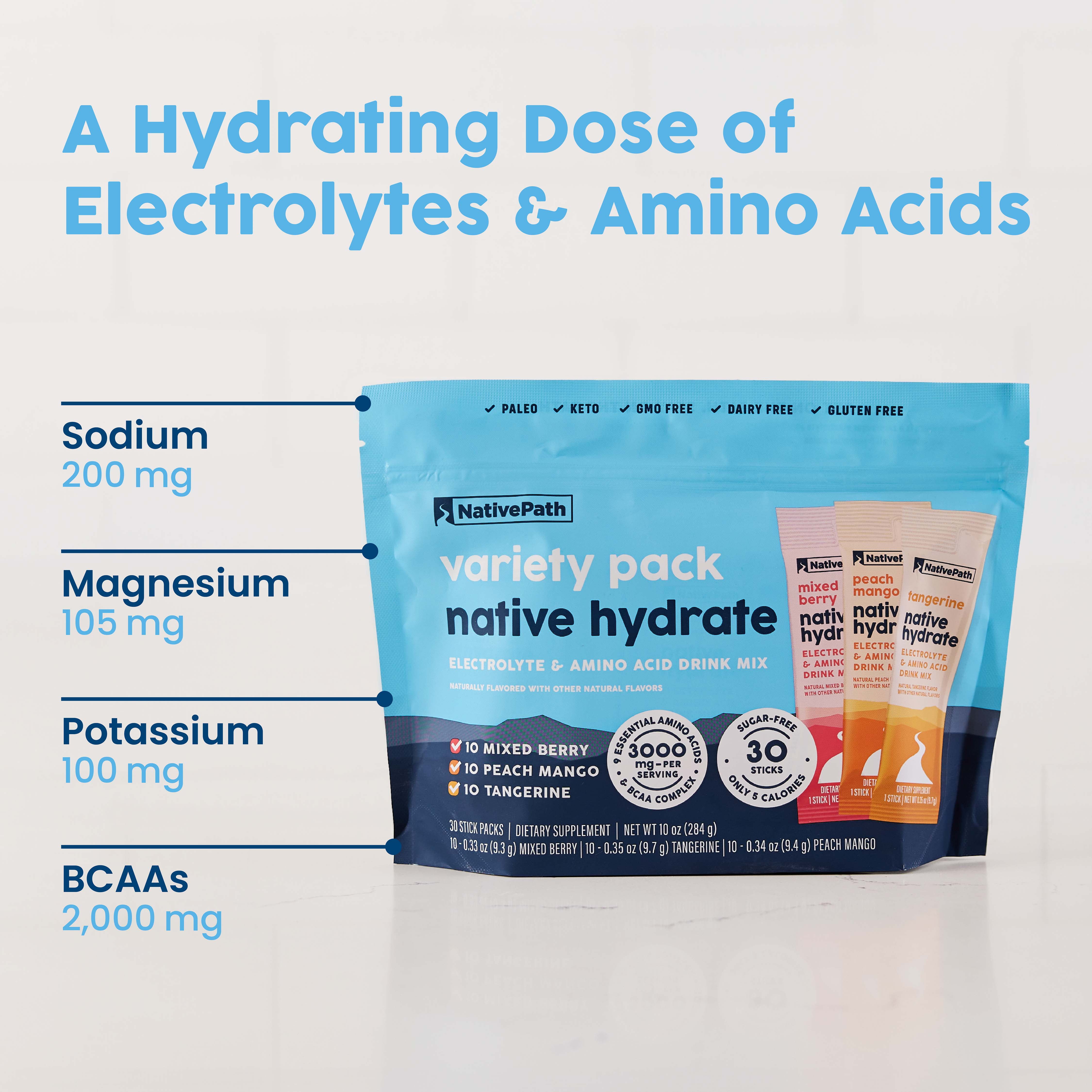 NativePath Hydrate Electrolyte Stick Packs Variety Pack, Zero Sugar with BCAAs, 30 Count