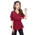 thumbnail image 3 of Camisa De Mujer Con Cuello En V Verano Color Sólido Manga Larga Con Botones, Rojo Vino, S Inevent AP001444-09, 3 of 7