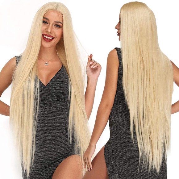 Ebingoo Peluca frontal de encaje rubio largo de 40 pulgadas + gorro de peluca Peluca frontal de encaje rubio platino Peluca recta rubia larga Peluca rubia sintética con parte media para mujeres niñas
