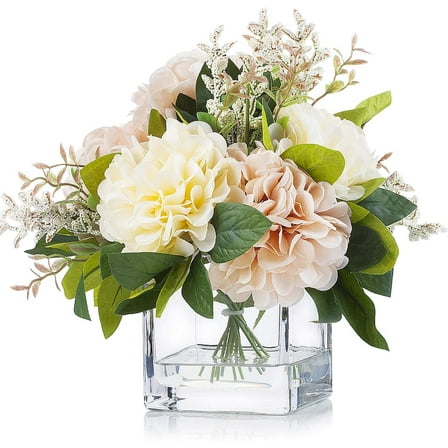 ENOVA HOME Artificial Silk Dahlia Flower Arrangements in Cube Glass Vase for Home Wedding Decoration (Cream Pink)