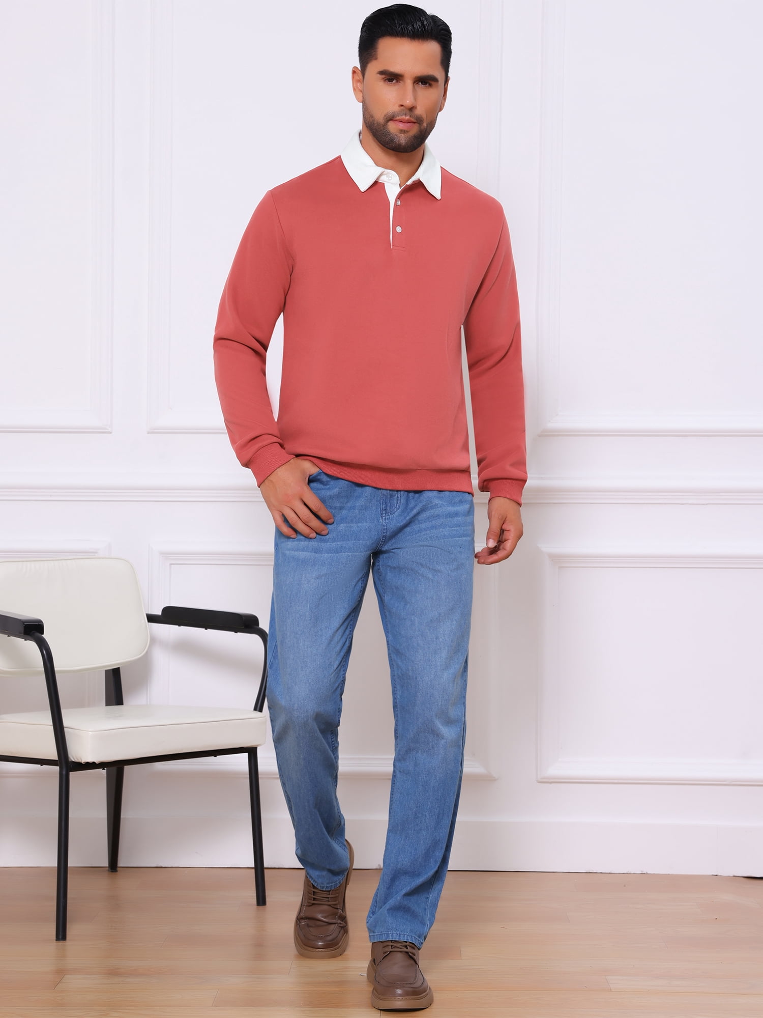 DARING DIVA Men's Contrast Collared Long Sleeves Pullover Polo Sweatshirt M Red