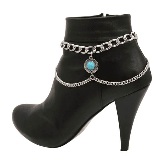 Women Silver Metal Boot Chain Bracelet Shoe Anklet Wave Turquoise Blue Coin Charm
