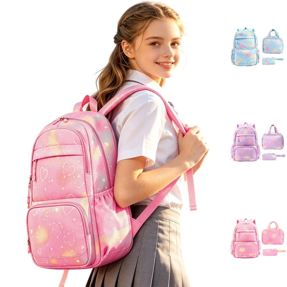 HJYCHN Girl Backpack Gradient Heart Star Print 3Pc Set with Lunch Bag Pencil Case Back to School Supplies for Kids and Backpack for Boys Pink