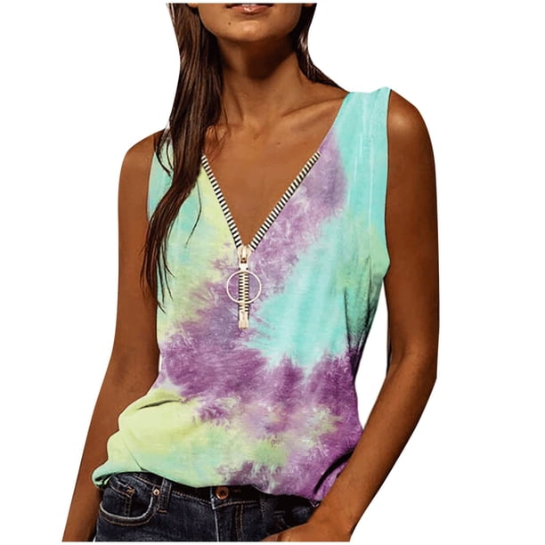 Chaleco estampado informal a la moda para mujer, camiseta holgada sin mangas con cuello en V y cremallera, Tops Pompotops lopia997881