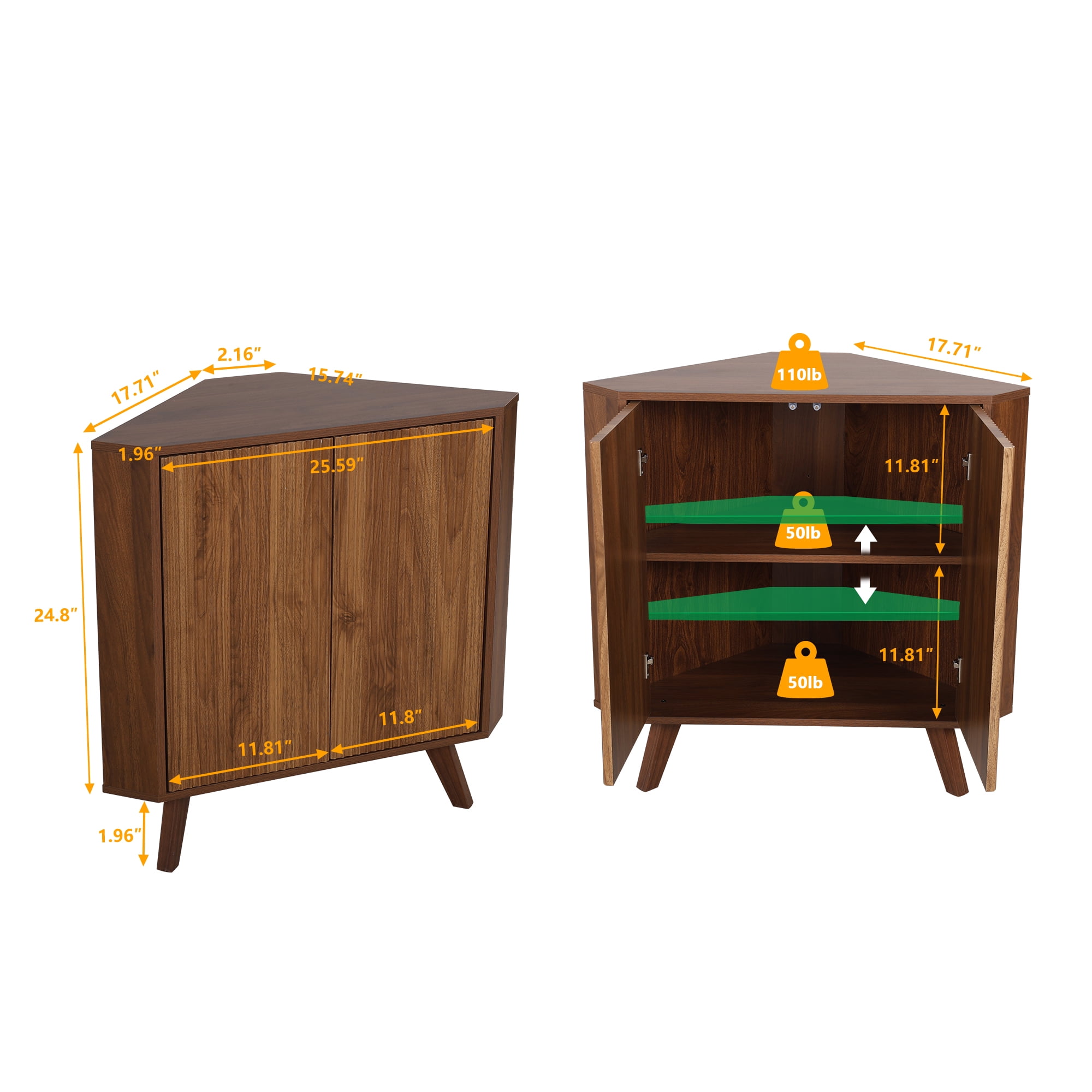 Weselon Triangular Corner Storage Cabinet with 2 Doors for Bathroom, Floor Corner Storage Cabinet, Freestanding Corner Cabinet , Brown