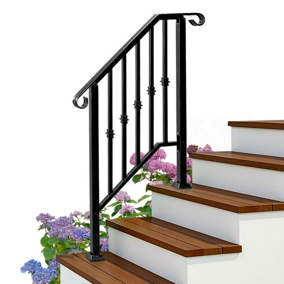 IVV Handrails for Outdoor Steps Fits 2 to 3 Steps, Outdoor Staircase Railing with Installation Kit, Galvanized Iron Transitional Handrail for Concrete Steps or Wooden Stairs, Matte Black