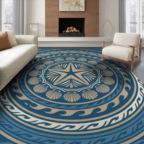 ODIKA 8'x10' Washable Area Rug Non-Shedding, Easy Care, Seashell Border Wave Bathroom Coral Reef Starfish Ocean Motif Playful Expressive for King Size Bedroom Under Bed, Master Suite
