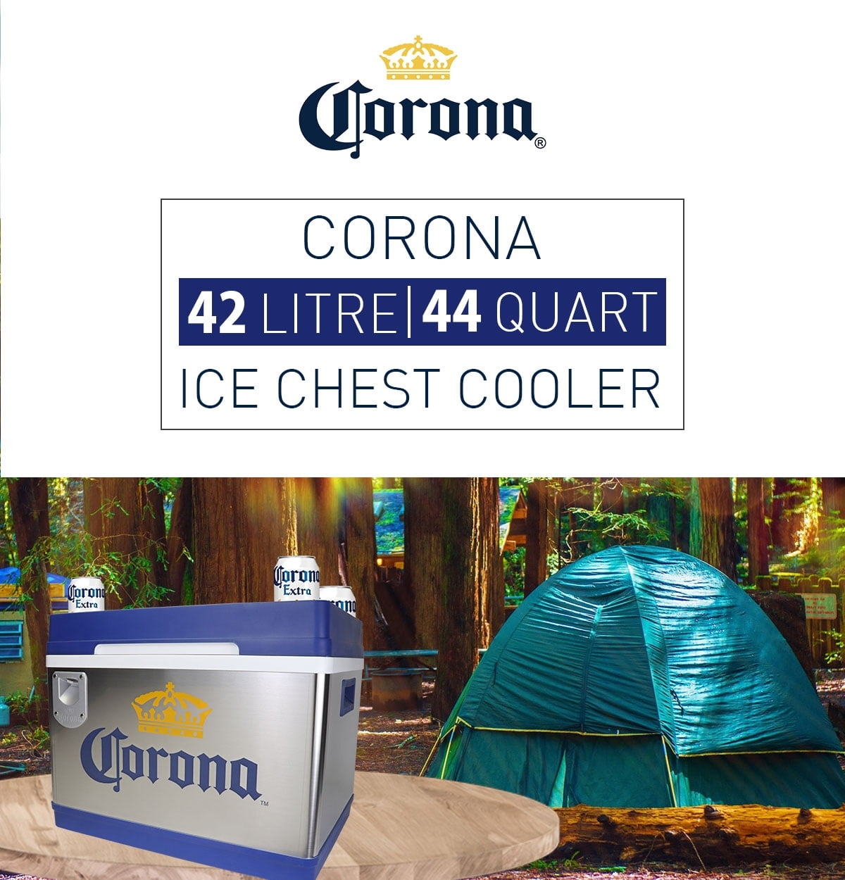 Corona Cruiser 45L (48 qt) Portable Cooler with Bottle Opener, Thermoelectric Travel Fridge, 12V DC/110V AC, Silver and Blue