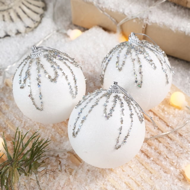 Esferas Navideñas Redondas de Plástico con Glitter y Detalles Elegantes - Pack de 3, 8cm, Colores Variados