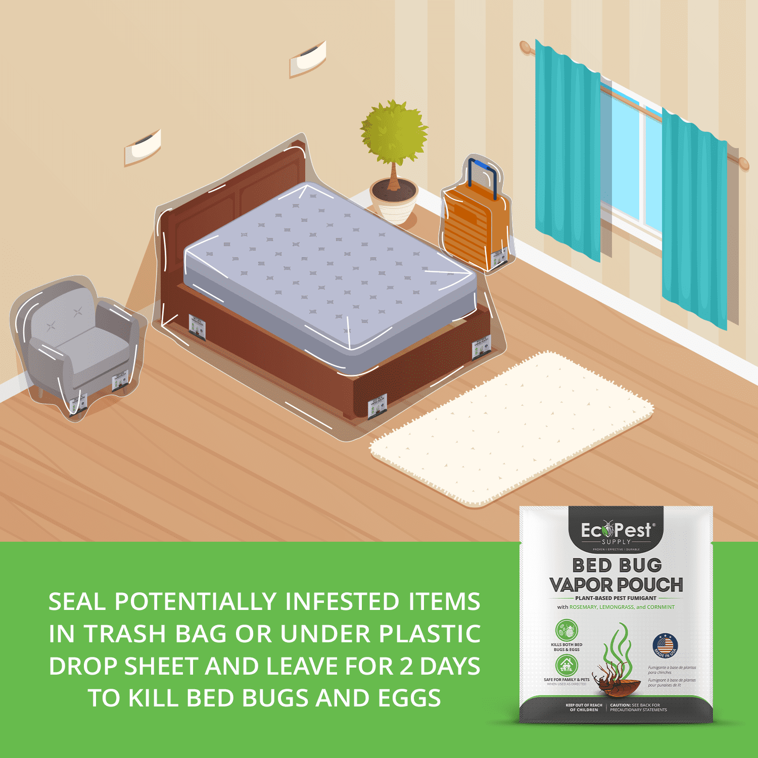 Bed Bug Vapor Pouch – 4 Pack | Natural Bedbug Killer for Treating Luggage, Mattress, Beds, Couches, and More | Home Pest Fumigant and Fogger for Indoor Treatment of Bed Bugs | Kills Bed Bugs and Eggs