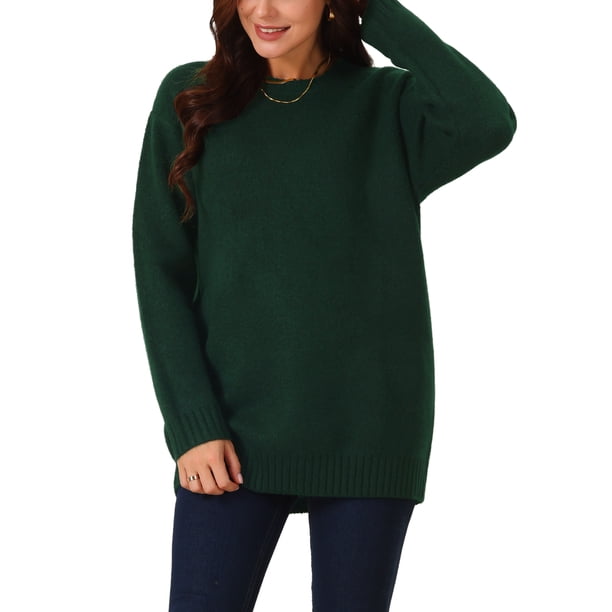 Suéter casual de manga larga con cuello redondo y bolsillos para mujer INSPIRE CHIC XL verde oscuro