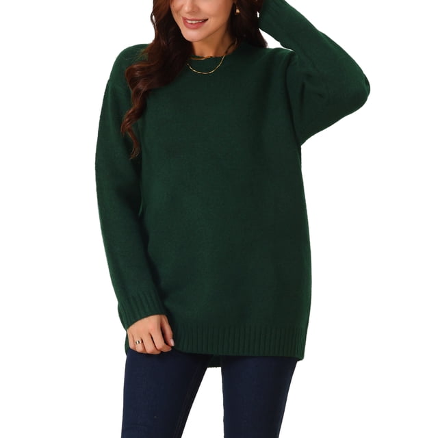 Suéter casual de manga larga con cuello redondo y bolsillos para mujer INSPIRE CHIC XL verde oscuro