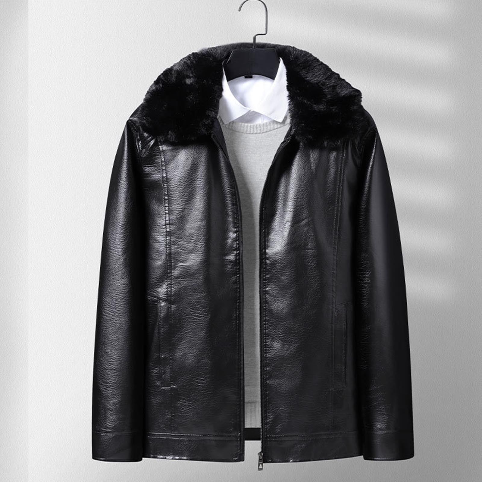 Mens Classic Faux Leather Jacket Detachable Fur Collar Vintage Leather Coat Warm Fleece Lined Jackets