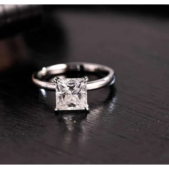 Jewelerix 1.30 CT Princess Cut Ring 14K Plated White Gold Moissanite Diamond Engagement Ring Anniversary Hidden Halo Ring