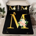 thumbnail image 2 of Homewish Initial M Letter Twin Sheet Sets, Butterfly Rose Floral Twin Fitted Sheet, Black Gold Sequin Print Flat Sheet, Lightweight Room Decor, 3-Piece, 2 of 7