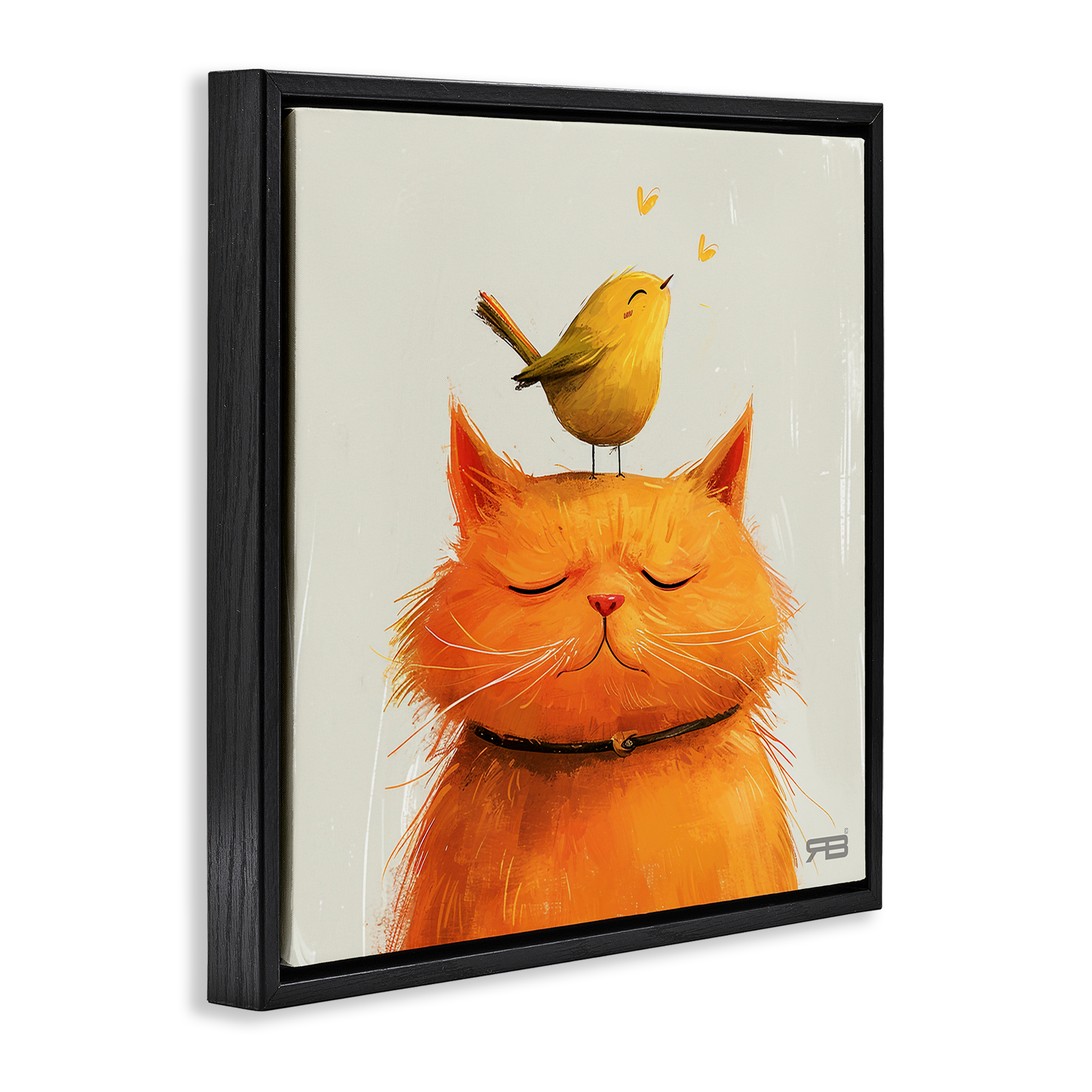 Stupell Industries Bird Perched on Cat Animals Painting Black Floater Framed Canvas Art Print Wall Art, 25 x 25