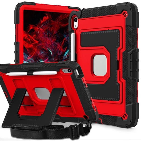 Case For iPad 2025 / 2022,Anti Drop Silicone PC Layer Protective Case Hidden Large Bracket ,Shoulder Strap, Heavy Duty Shockproof Three Proof Tablet Protective Case,Red,For iPad 2025 / 2022