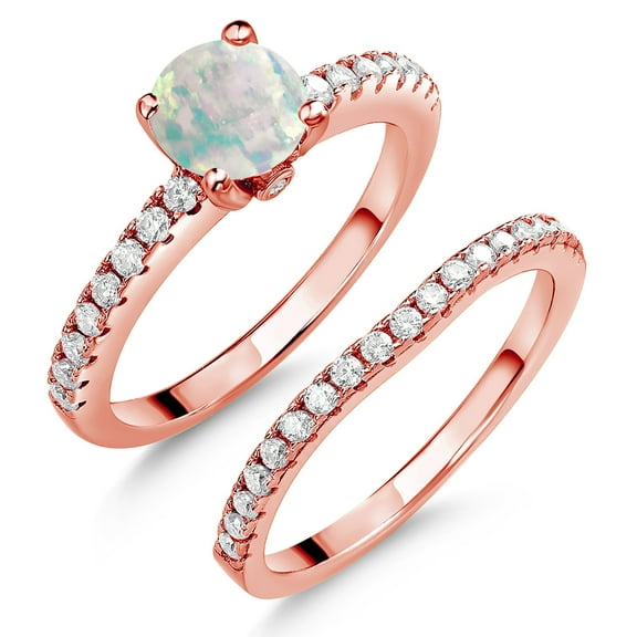 18K Rose Gold Plated Silver White Simulated Opal and White Moissanite Wedding Engagement Band Bridal Set Ring for Women (0.79 Cttw, Gemstone October Birthstone, Available in Size 5, 6, 7, 8, 9)