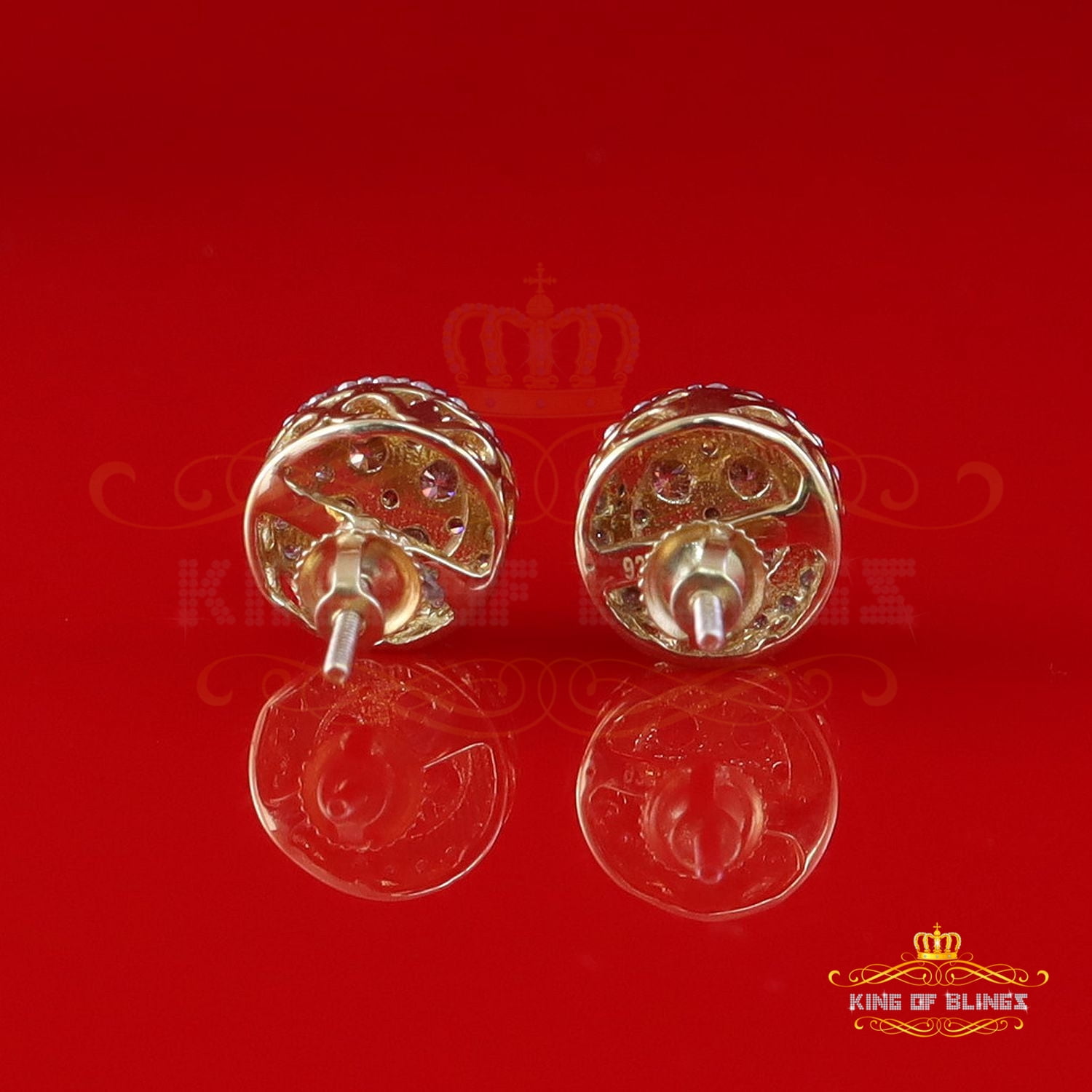King of Bling's 925 Silver Yellow 1.00ct VVS D Pink Moissanite Round Men's/Women's Stud Earrings
