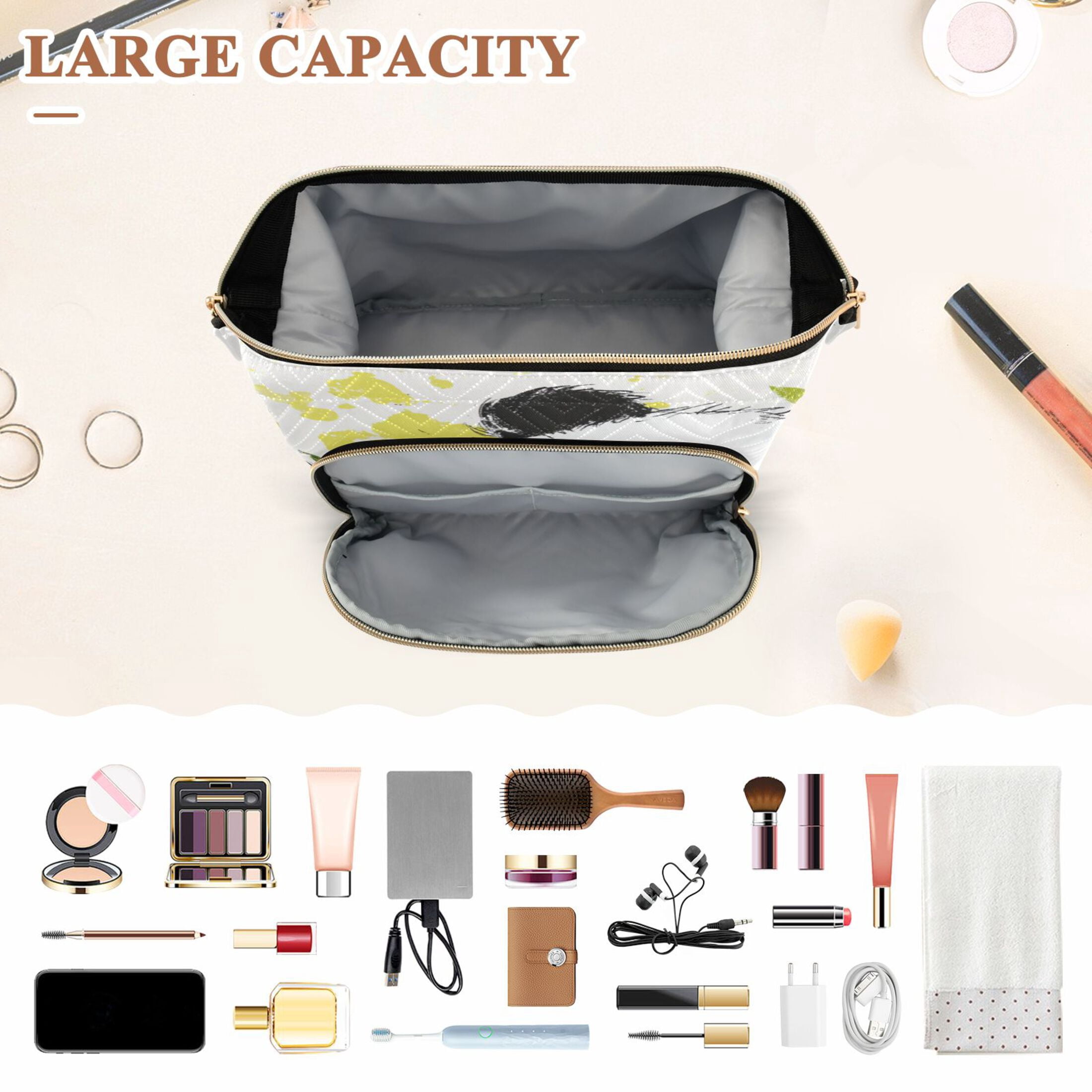 Wavy Quilted Cosmetic Bag Large-Capacity Travel Toiletry Organizer Includes 9-Piece Portable Travel Bottle Set Cheerful Bamboo Panda
